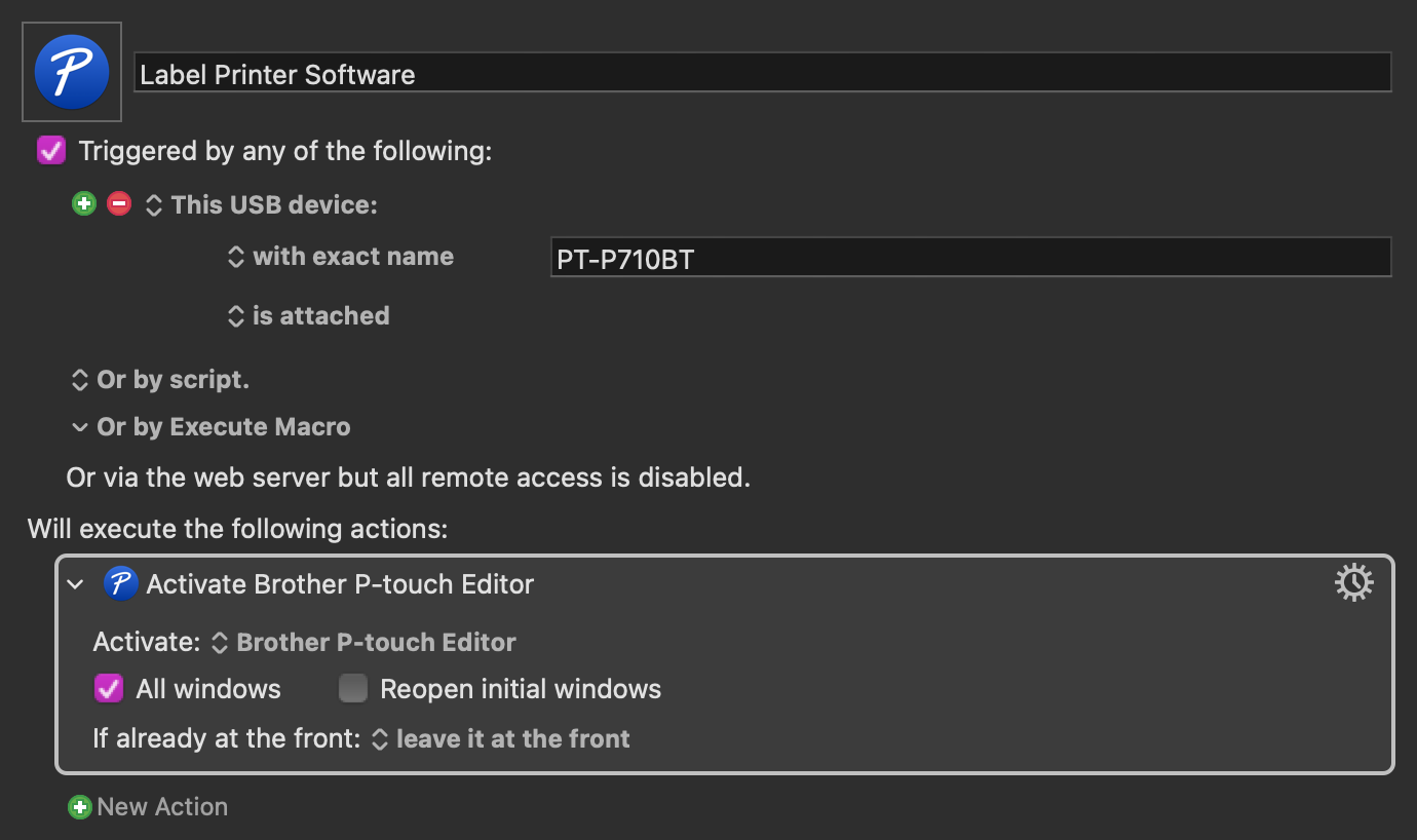 Keyboard Maestro Macro to activate the label maker software when the device is connected
